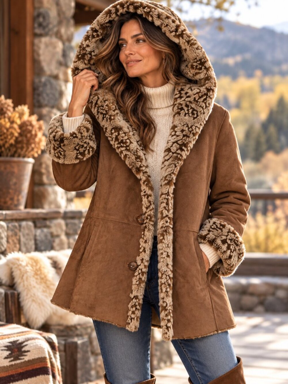 Coldwater Creek Faux Suede Shearling Hooded Coat PM Western Penny Lane Boho NWOT